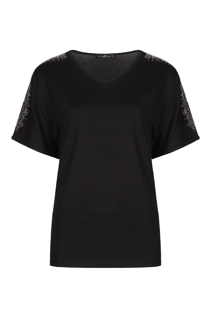 Mutlu Ertan Kadın Omzu Taşlı Penye Bluz Siyah 3512