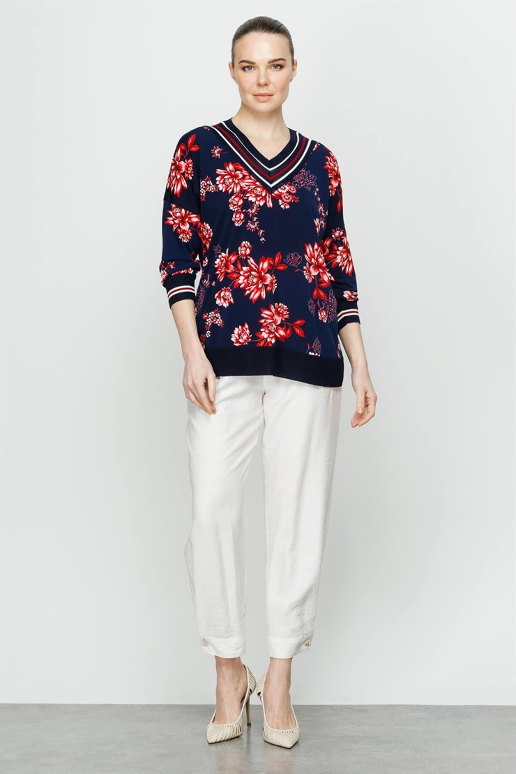 Mutlu Ertan Kadın Önü Desenli Arkası Triko Kombinli Truvakar Kol Bluz Lacivert - Pembe 20018