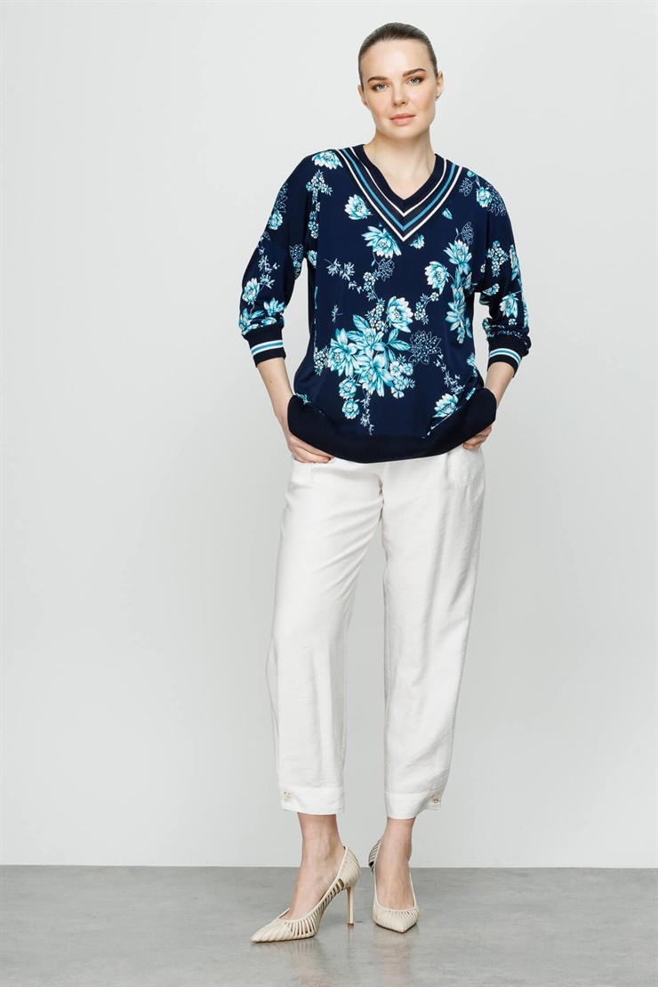 Mutlu Ertan Kadın Önü Desenli Arkası Triko Kombinli Truvakar Kol Bluz Lacivert-Mavi 20018