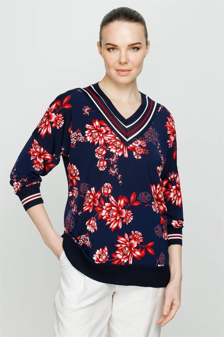 Mutlu Ertan Kadın Önü Desenli Arkası Triko Kombinli Truvakar Kol Bluz Lacivert - Pembe 20018