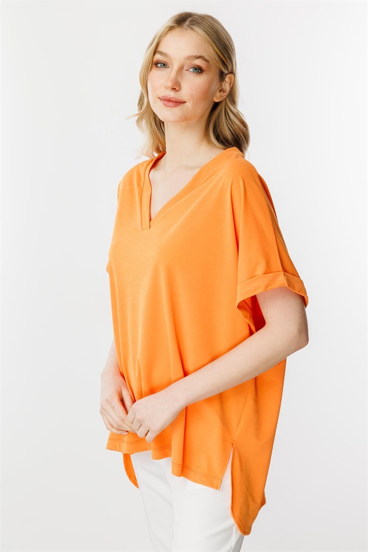 Mutlu Ertan Kadın Oversize V Yaka Kısa Kol Bluz Turuncu 30340