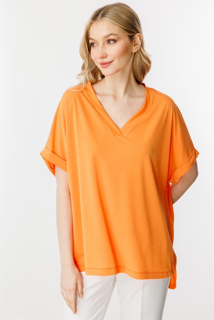 Mutlu Ertan Kadın Oversize V Yaka Kısa Kol Bluz Turuncu 30340