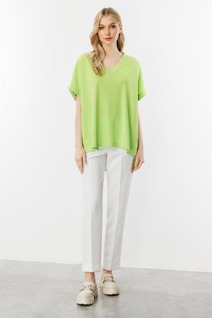 Mutlu Ertan Kadın Oversize V Yaka Kısa Kol Bluz Yesil 30340