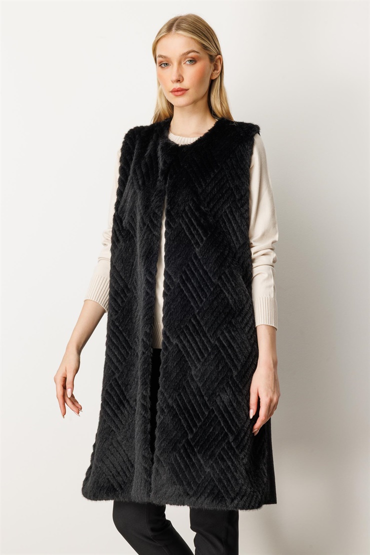 Mutlu Ertan Kadın Peluş Kombinli Uzun Triko Yelek Siyah 20194