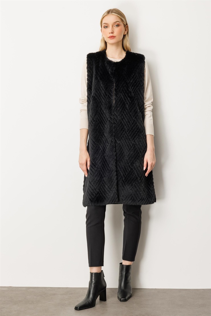 Mutlu Ertan Kadın Peluş Kombinli Uzun Triko Yelek Siyah 20194