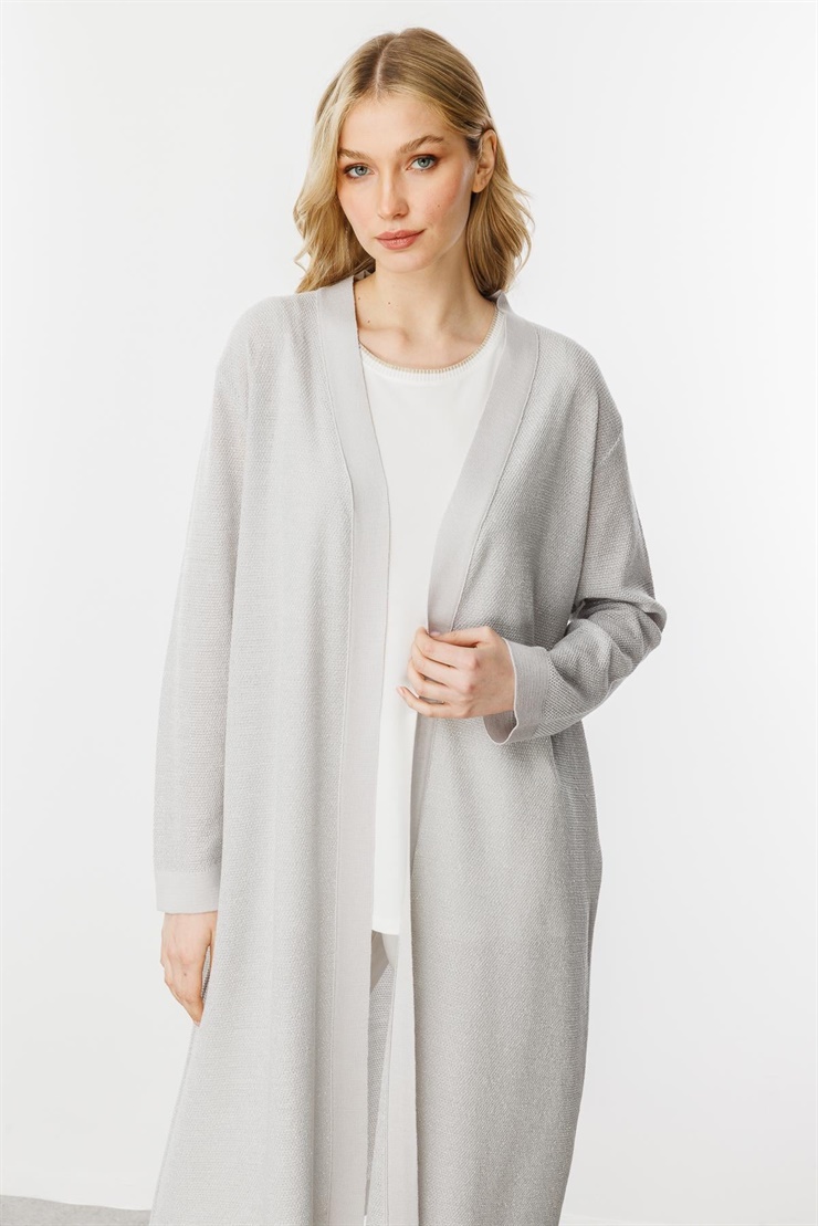 Mutlu Ertan Kadın Pirinç Örgü Simli Triko Hırka Orta Gri 20168