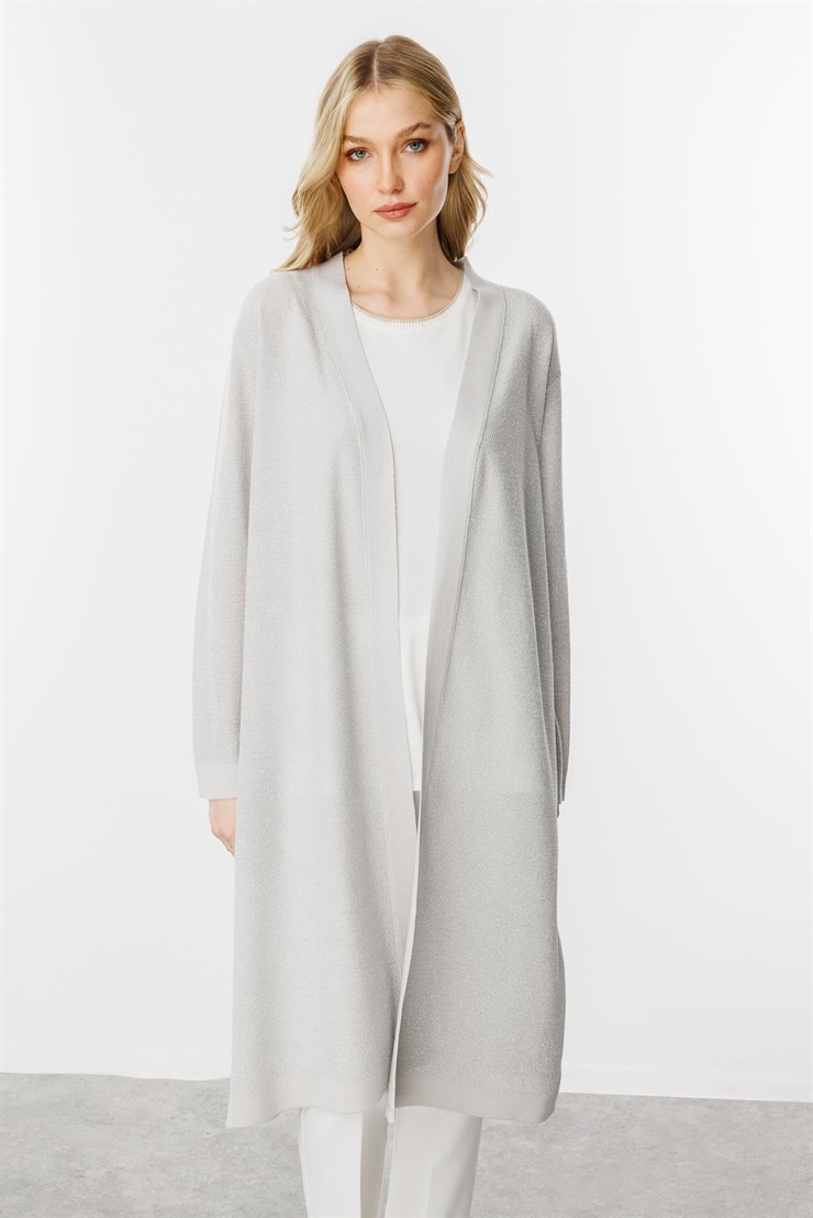 Mutlu Ertan Kadın Pirinç Örgü Simli Triko Hırka Orta Gri 20168