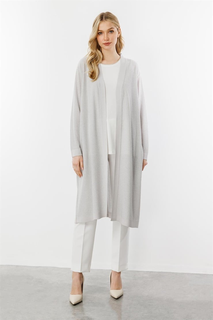 Mutlu Ertan Kadın Pirinç Örgü Simli Triko Hırka Orta Gri 20168