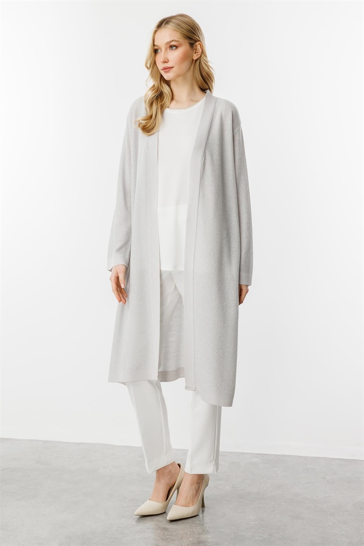 Mutlu Ertan Kadın Pirinç Örgü Simli Triko Hırka Orta Gri 20168