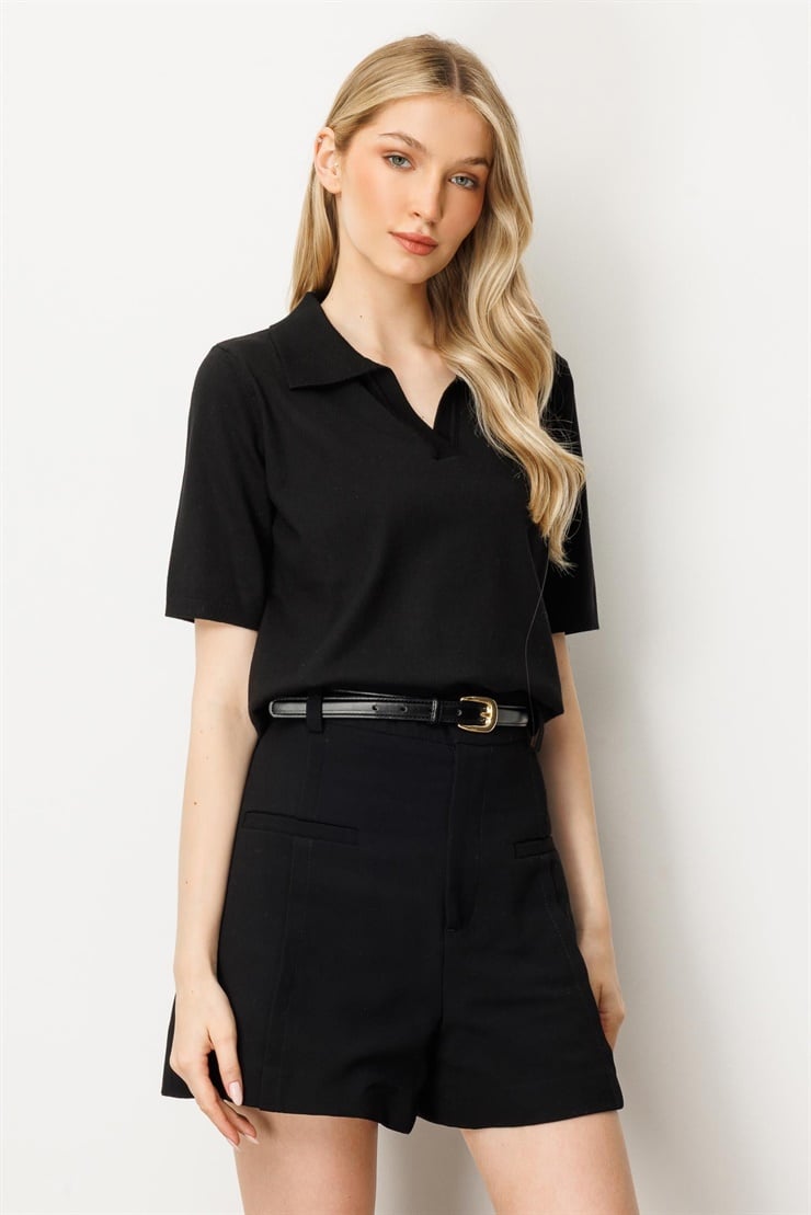 Mutlu Ertan Kadın Polo Yaka Kısa Kol Triko Bluz Siyah 20247