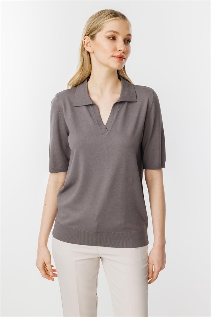 Mutlu Ertan Kadın Polo Yaka Kısa Kol Triko Bluz Fume 20173