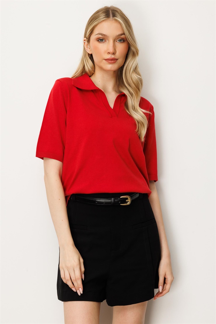 Mutlu Ertan Kadın Polo Yaka Kısa Kol Triko Bluz Kırmızı 20247