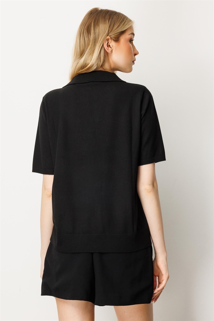 Mutlu Ertan Kadın Polo Yaka Kısa Kol Triko Bluz Siyah 20247