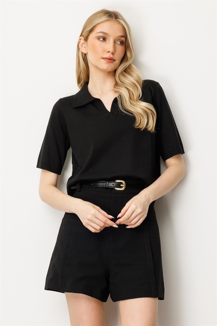 Mutlu Ertan Kadın Polo Yaka Kısa Kol Triko Bluz Siyah 20247