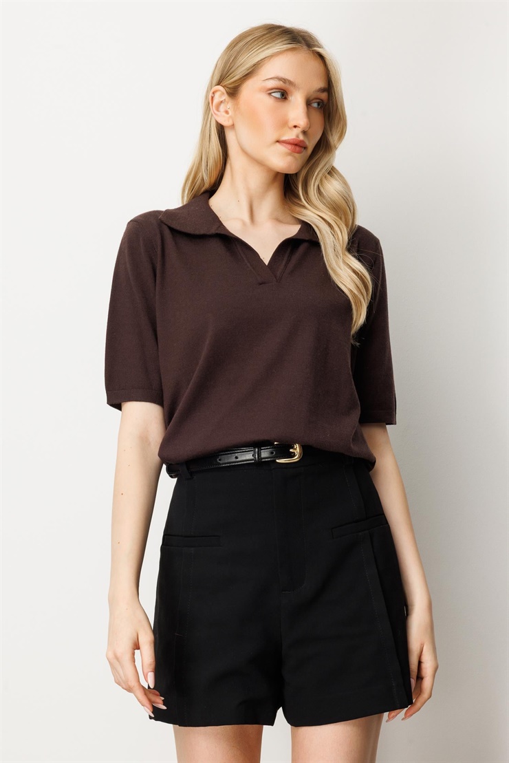 Mutlu Ertan Kadın Polo Yaka Kısa Kol Triko Bluz Vino 20247
