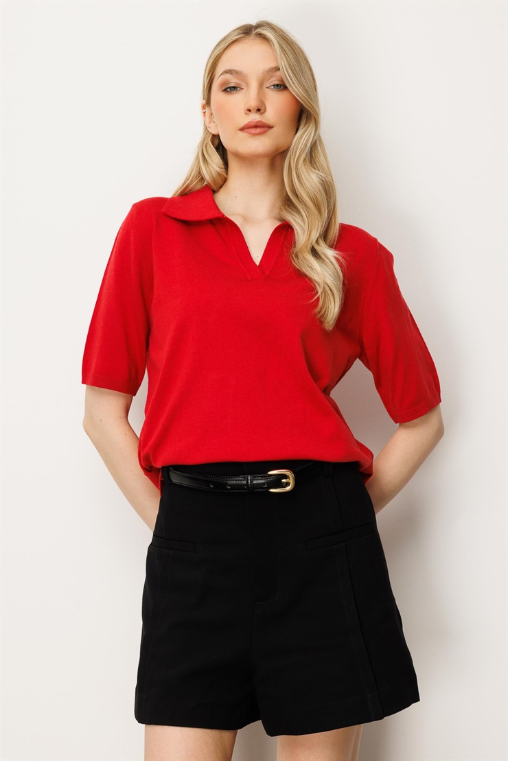 Mutlu Ertan Kadın Polo Yaka Kısa Kol Triko Bluz Kırmızı 20247