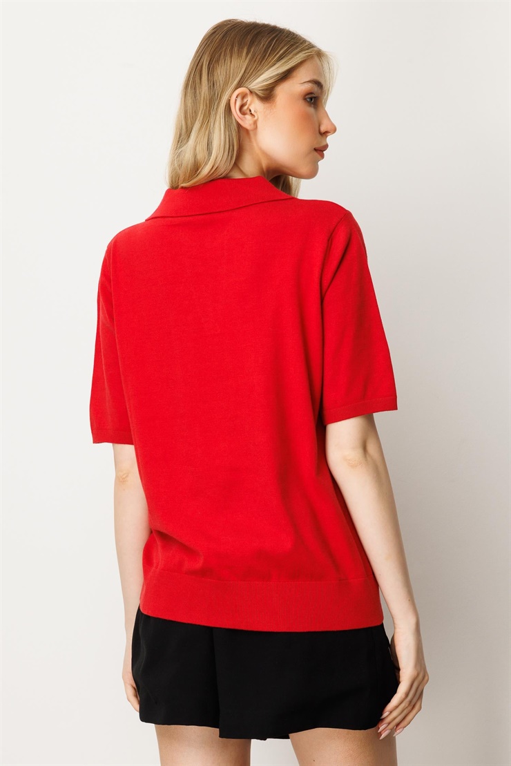 Mutlu Ertan Kadın Polo Yaka Kısa Kol Triko Bluz Kırmızı 20247