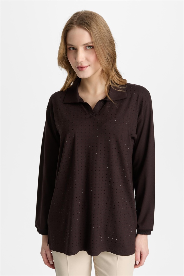 Mutlu Ertan Kadın Polo Yaka Taşlı Bluz Kahve 30457