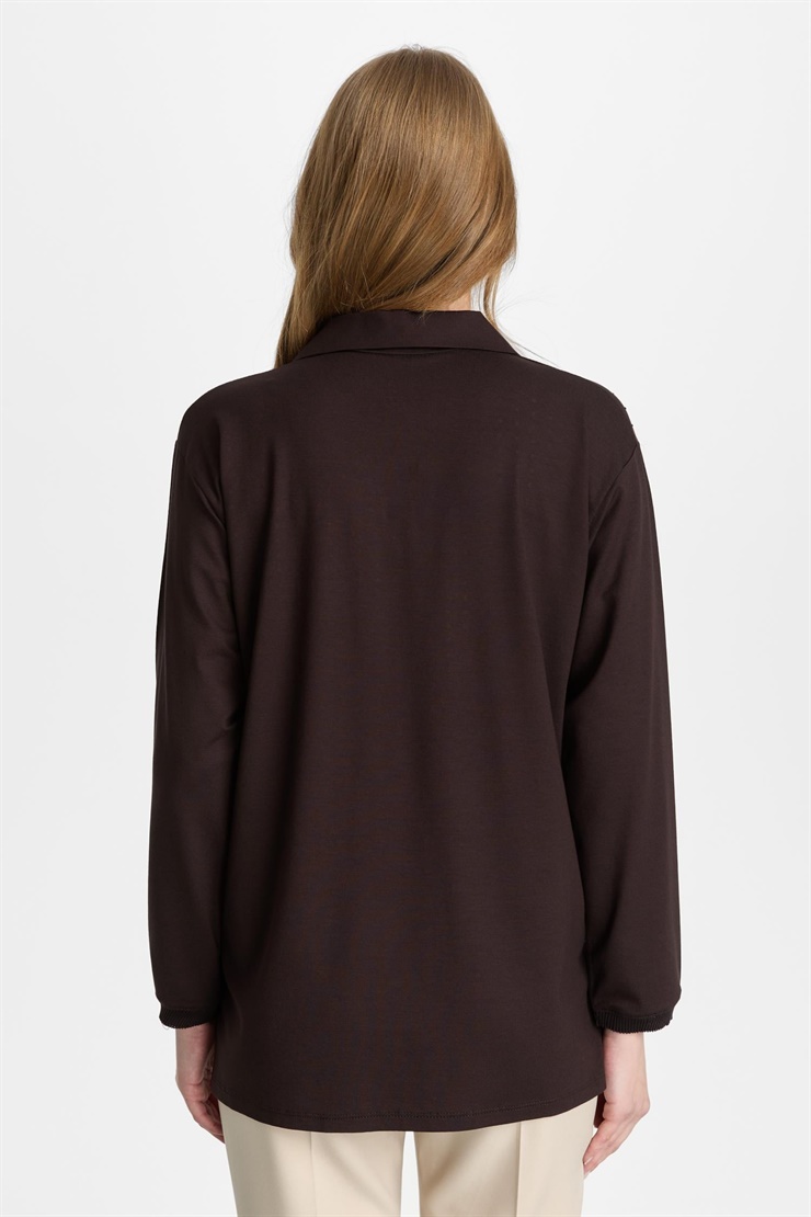 Mutlu Ertan Kadın Polo Yaka Taşlı Bluz Kahve 30457