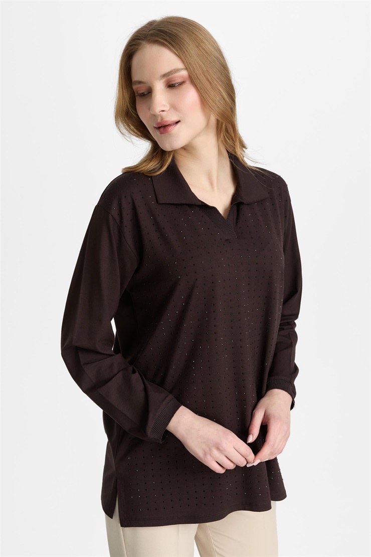 Mutlu Ertan Kadın Polo Yaka Taşlı Bluz Kahve 30457