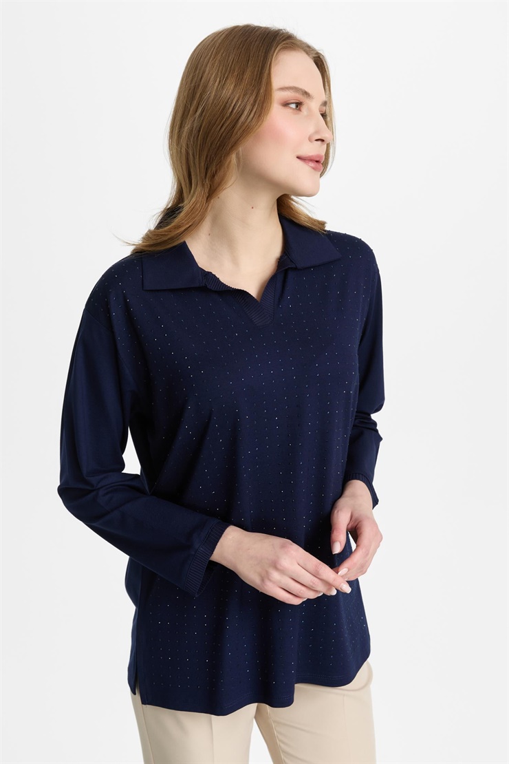 Mutlu Ertan Kadın Polo Yaka Taşlı Bluz Lacivert 30457