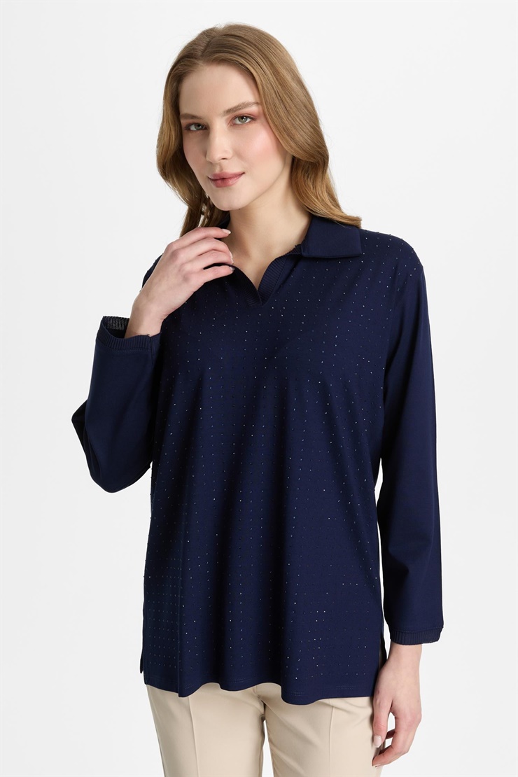 Mutlu Ertan Kadın Polo Yaka Taşlı Bluz Lacivert 30457