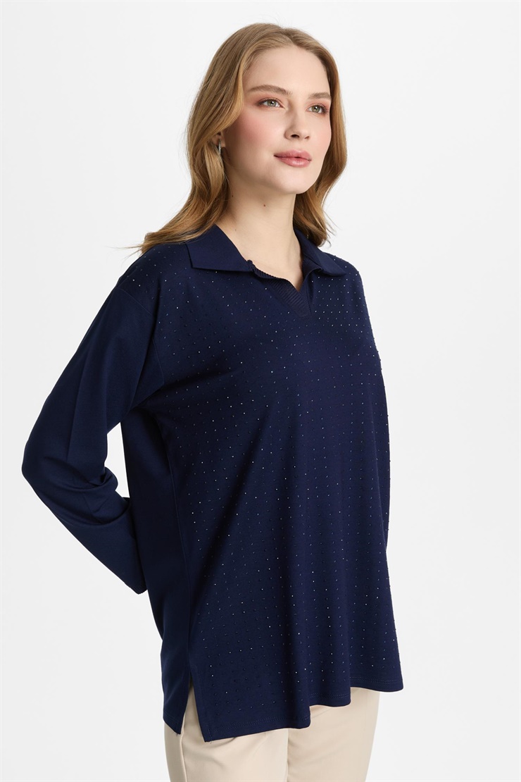 Mutlu Ertan Kadın Polo Yaka Taşlı Bluz Lacivert 30457