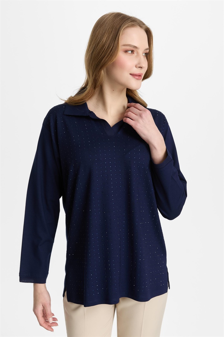 Mutlu Ertan Kadın Polo Yaka Taşlı Bluz Lacivert 30457