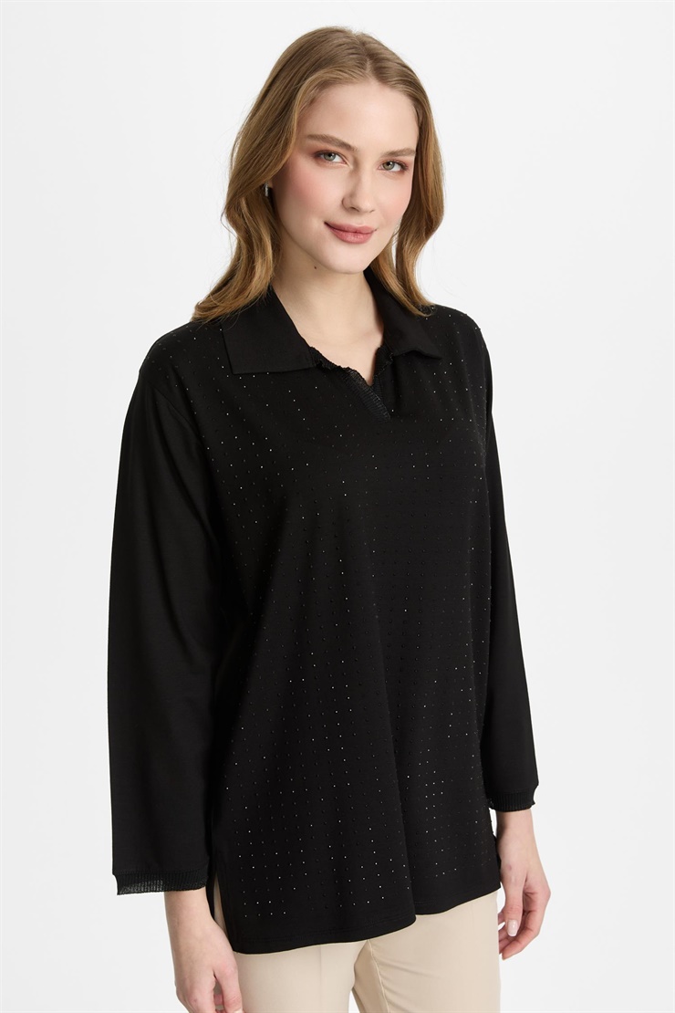 Mutlu Ertan Kadın Polo Yaka Taşlı Bluz Siyah 30457