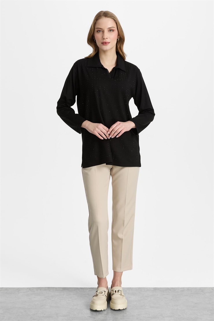 Mutlu Ertan Kadın Polo Yaka Taşlı Bluz Siyah 30457