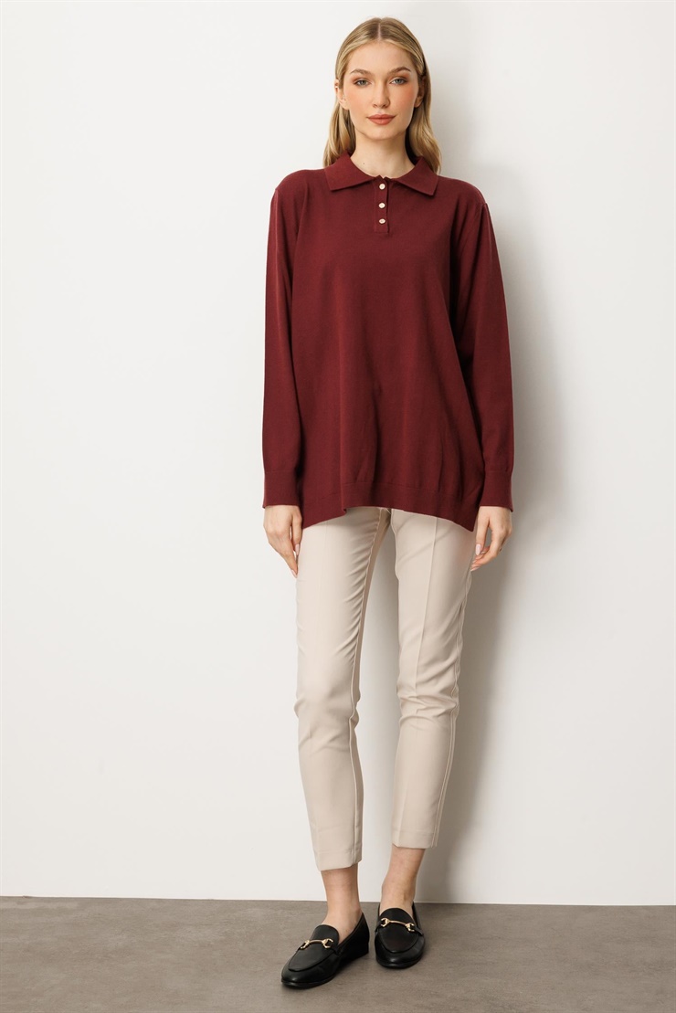 Mutlu Ertan Kadın Polo Yaka Triko Bluz Bordo 20254