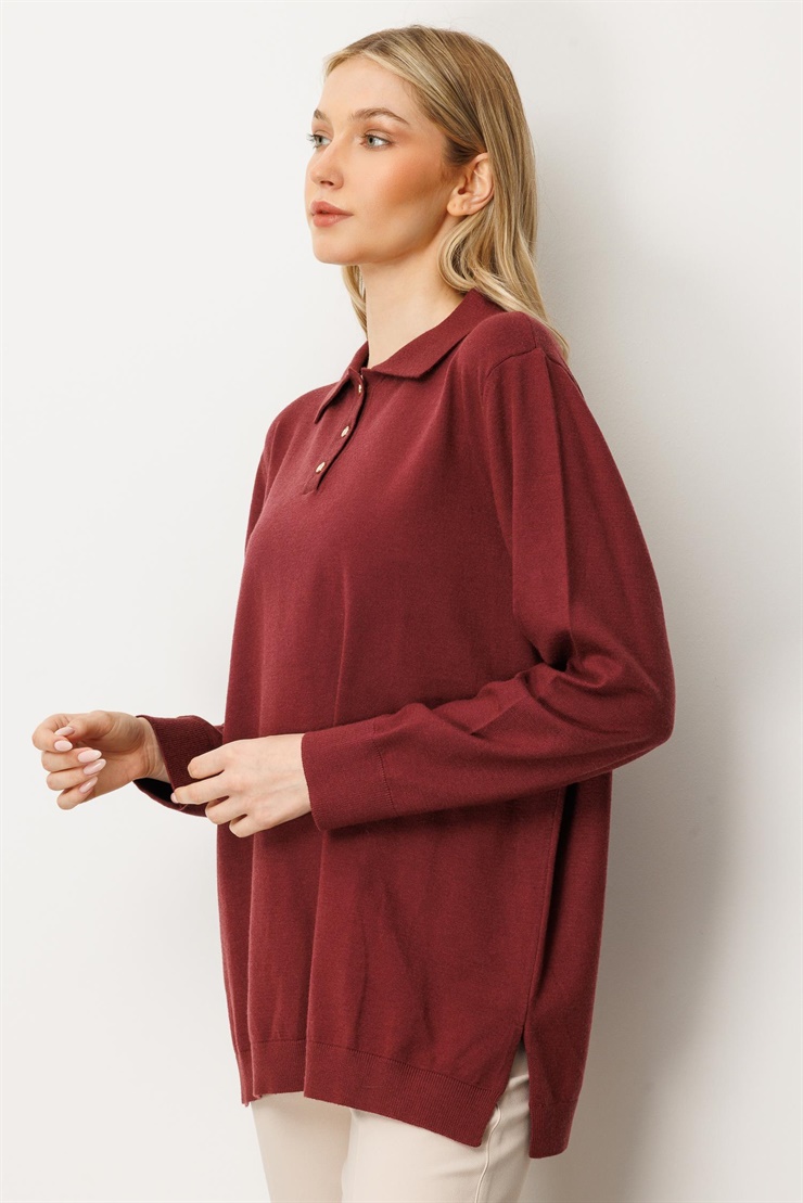 Mutlu Ertan Kadın Polo Yaka Triko Bluz Bordo 20254