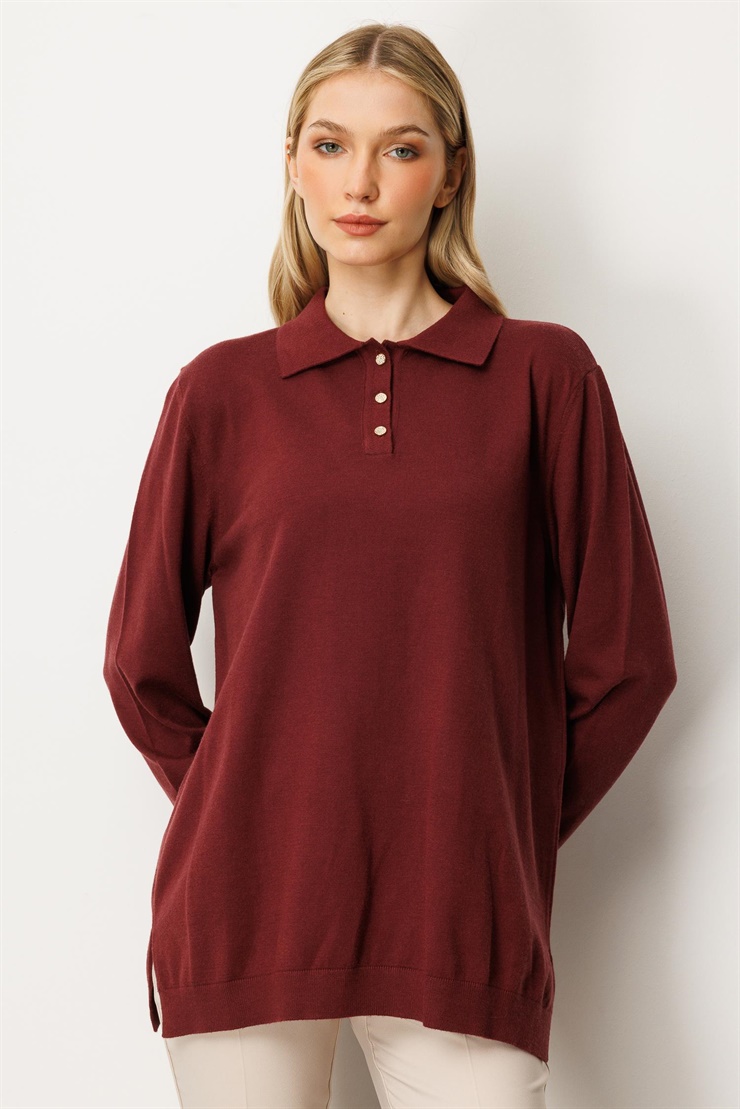 Mutlu Ertan Kadın Polo Yaka Triko Bluz Bordo 20254