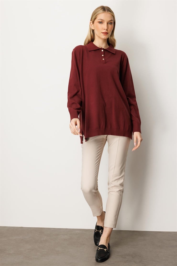 Mutlu Ertan Kadın Polo Yaka Triko Bluz Bordo 20254