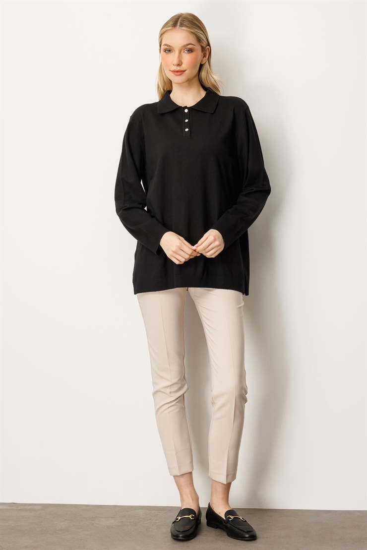 Mutlu Ertan Kadın Polo Yaka Triko Bluz Siyah 20254