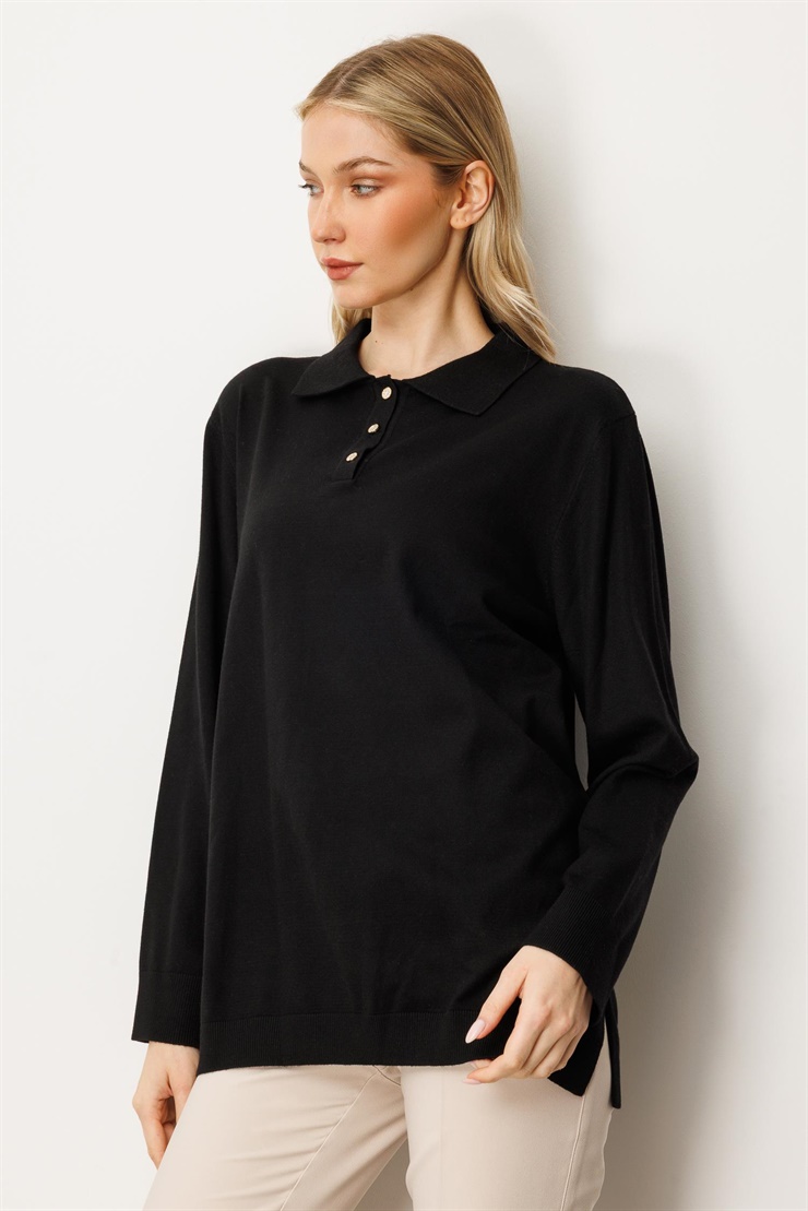 Mutlu Ertan Kadın Polo Yaka Triko Bluz Siyah 20254
