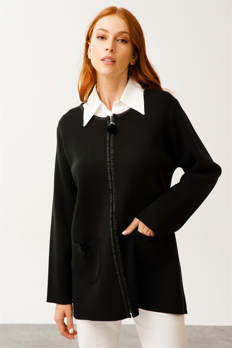 Mutlu Ertan Kadın PonPonlu Triko Cepli Fermuarlı Hırka Siyah 2982