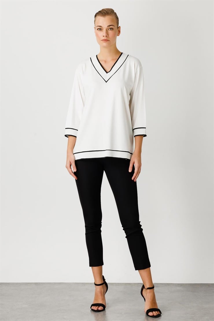 Mutlu Ertan Kadın Ribana Kombinli Penye Bluz Ekru 30233