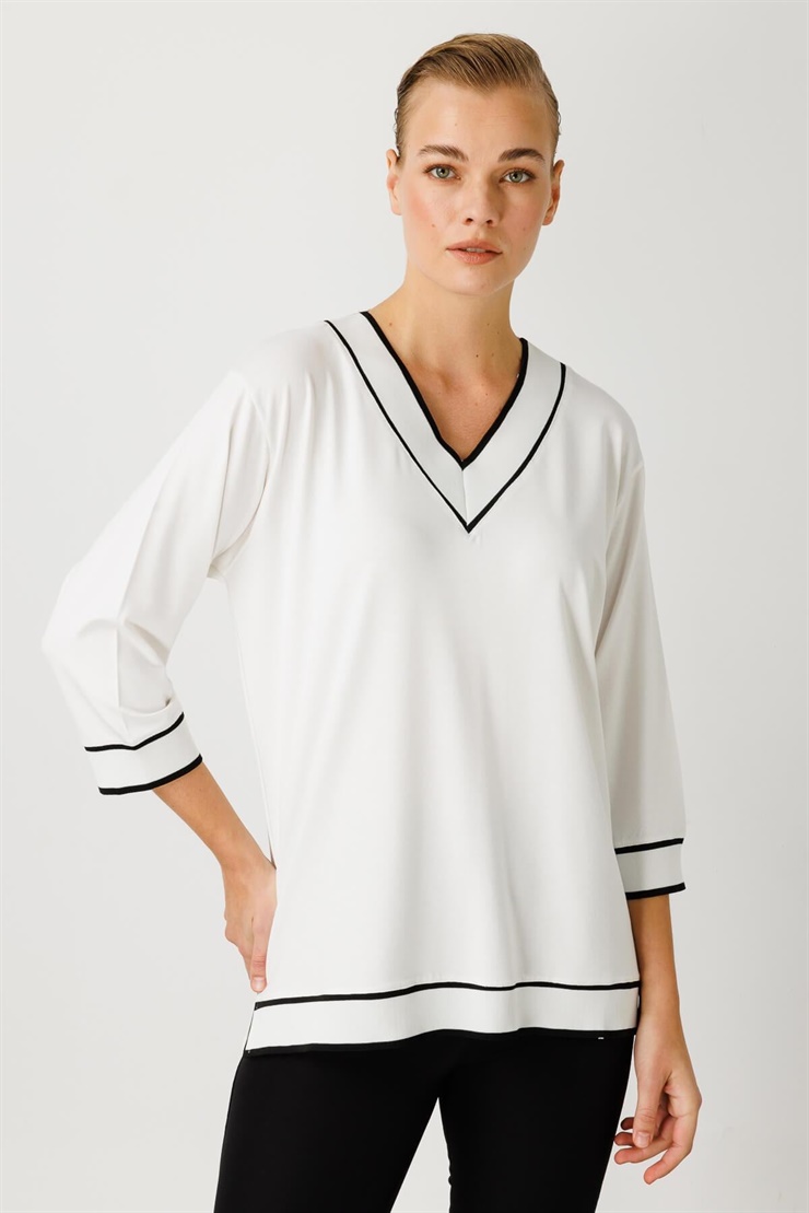 Mutlu Ertan Kadın Ribana Kombinli Penye Bluz Ekru 30233