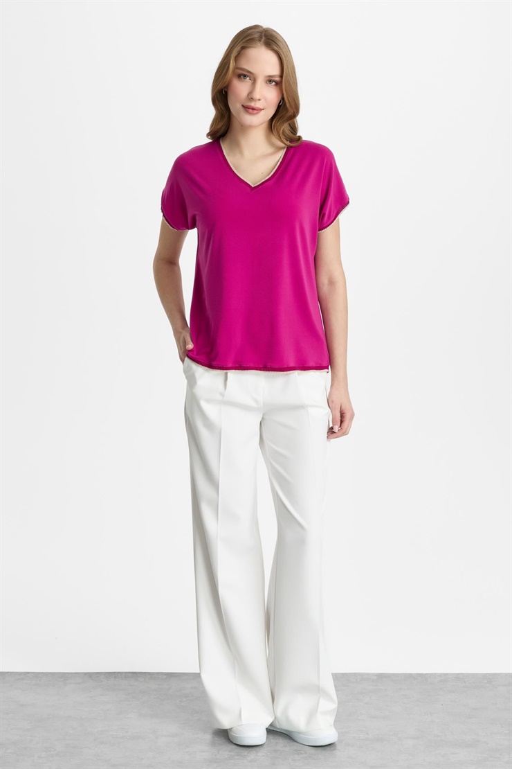 Mutlu Ertan Kadın Ribana Kombinli V Yaka Basic Bluz Fuşya 30338