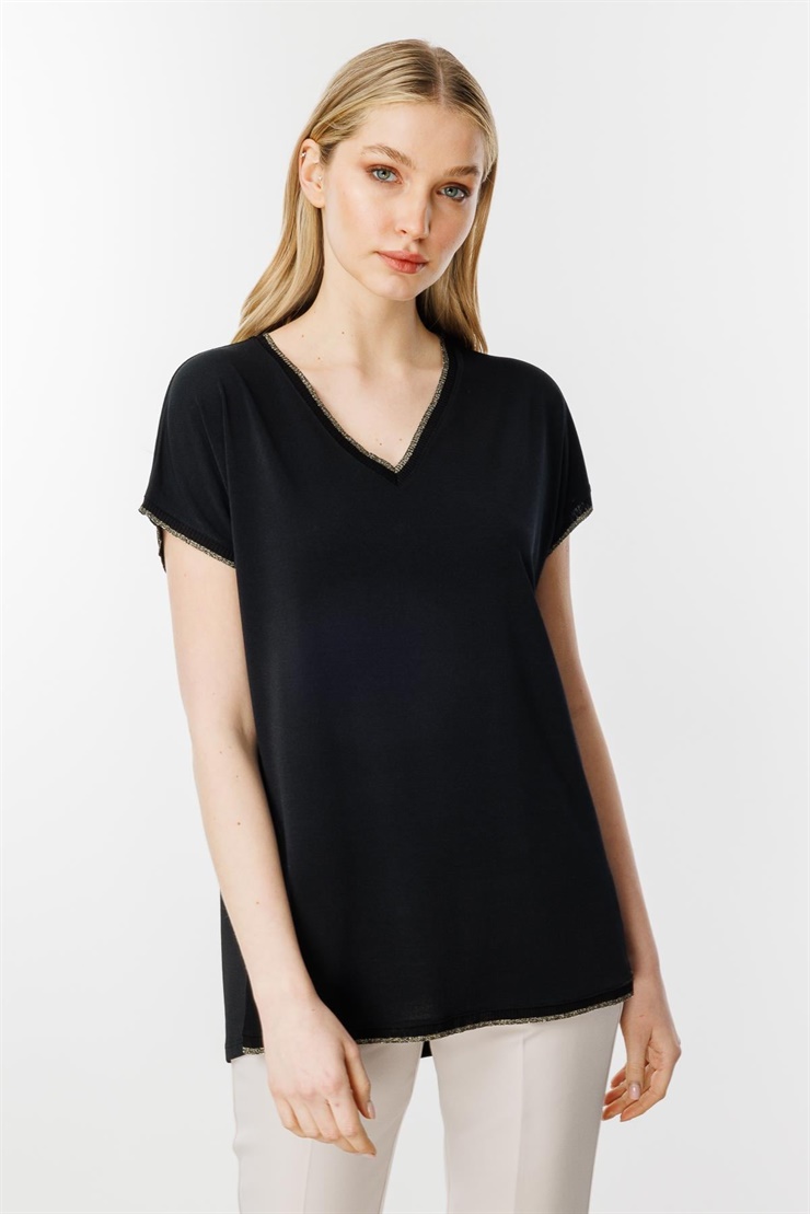 Mutlu Ertan Kadın Ribana Kombinli V Yaka Basic Bluz Siyah 30338