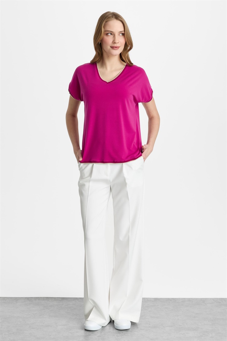 Mutlu Ertan Kadın Ribana Kombinli V Yaka Basic Bluz Fuşya 30338