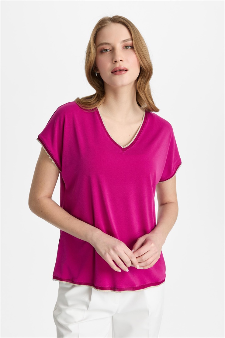 Mutlu Ertan Kadın Ribana Kombinli V Yaka Basic Bluz Fuşya 30338