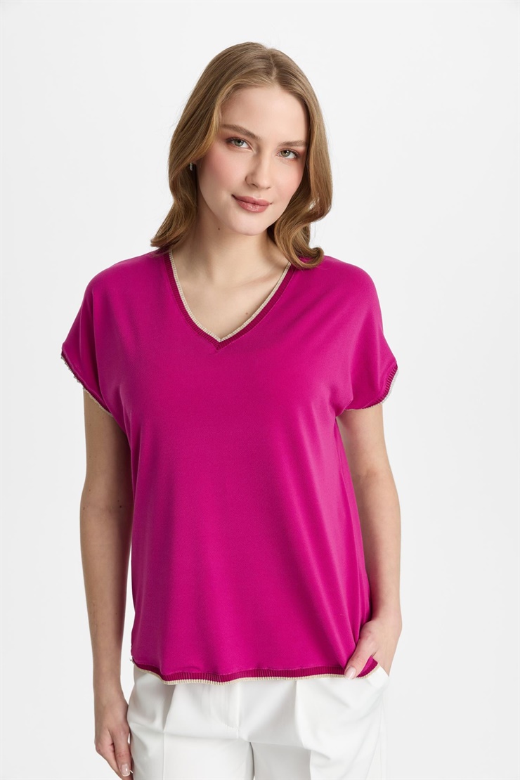 Mutlu Ertan Kadın Ribana Kombinli V Yaka Basic Bluz Fuşya 30338