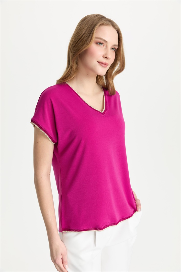 Mutlu Ertan Kadın Ribana Kombinli V Yaka Basic Bluz Fuşya 30338