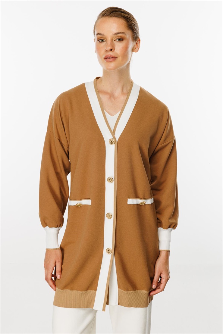 Mutlu Ertan Kadın Ribanalı Düğme Detaylı Hırka Vizon 30215