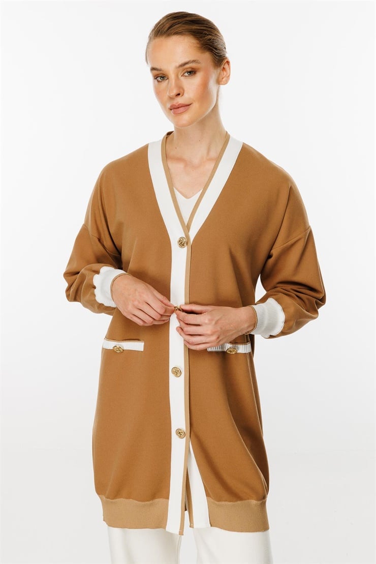 Mutlu Ertan Kadın Ribanalı Düğme Detaylı Hırka Vizon 30215