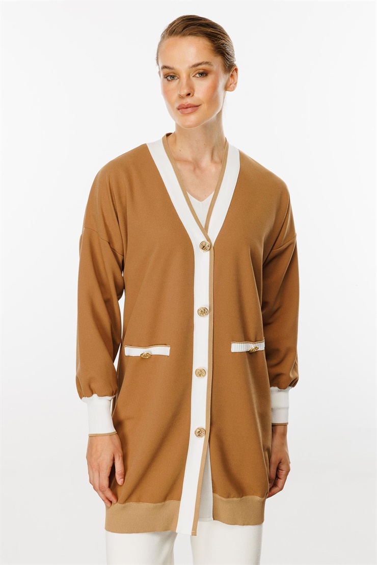 Mutlu Ertan Kadın Ribanalı Düğme Detaylı Hırka Vizon 30215