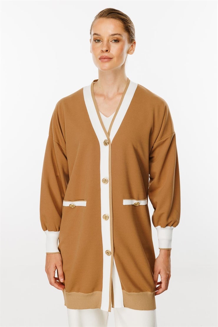 Mutlu Ertan Kadın Ribanalı Düğme Detaylı Hırka Vizon 30215