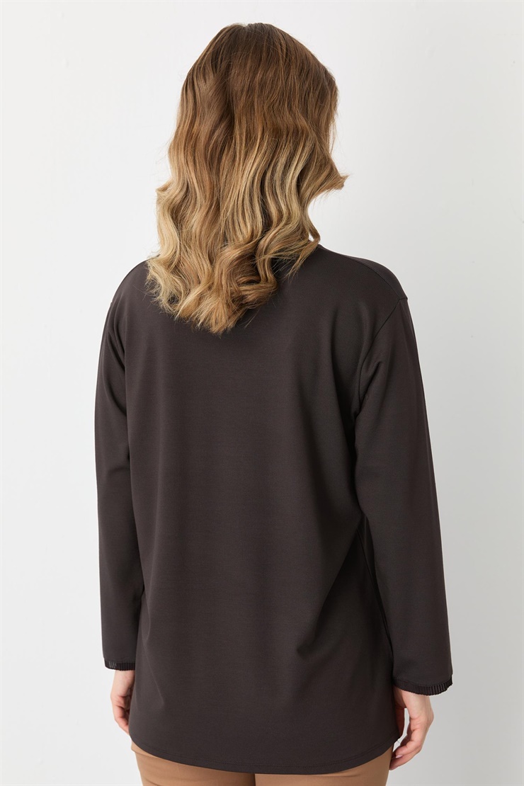 Mutlu Ertan Kadın Ribanalı Sıfır Yaka  Bluz Kahve 30413